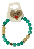 Teal Green Gemstone Beaded Bracelet, Natural Stone Stretch Bracelet with Gold Heart Charm, Minimalist Boho Stackable, Gift for Her