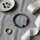 Blue Gemstone Beaded Bracelet, Navy and Gray Stretch Stackable Jewelry Handmade Minimalist Natural Stone Stackable Gift for Her