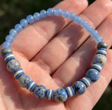 Handmade K2 Stone & Azurite Granite Stretch Bracelet with Blue & White Heishi Polymer Clay Spacer Beads