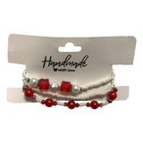 Handmade Red White Beaded Bracelet Set, Silver Heart Charm, Boho Ocean Jewelry
