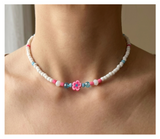 Handcrafted Pink Bloom Beaded Necklace, Metal-Plated Clasp w/ Extension Chain