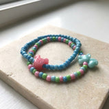 Handmade Beaded Bracelet Set (2 pcs) – Pink, Green & Blue Pastel Beads with Mickey Icon Head Accent, Fun Friendship Gift for Kids/Teens