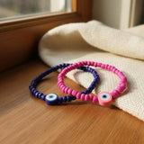 Handmade Pink Blue Beaded Bracelet Set, Eye Charm, Playful Boho Jewelry