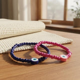Handmade Pink Blue Beaded Bracelet Set, Eye Charm, Playful Boho Jewelry