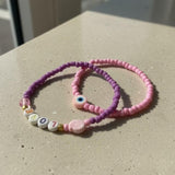 Handmade Pink Purple Beaded Bracelet Set, LOVE & Heart Design, Playful Boho Jewelry