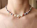 Sirenka Handmade -  Beaded Starfish Necklace, Colorful Summer Beach Choker, Acrylic Bead & Gold Accented Jewelry, Tropical Vacation Gift for Her