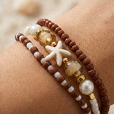 Handmade Brown White Gold Beaded Bracelet Set, Starfish Charm, Boho Ocean Jewelry