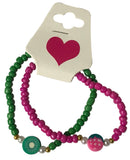 Green & Pink Fruit Beaded Bracelet Set, Strawberry and Kiwi Charms— Handmade Colorful Bead Stretch Jewelry Gift For Her