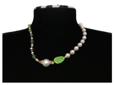 Handcrafted Spring Leaf and Pearl Necklace with Faceted Crystal Beads, Metal-Plated Clasp w/ Extension Chain