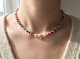 Sirenka Handmade - Starfish Beaded Necklace, Rainbow Beach Choker, Summer Pearl Jewelry for Women, Boho Coastal Aesthetic Accessories