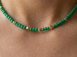 Green Seed Bead Necklace with Gold Star Charms, Dainty Beaded Jewelry Metal-Plated Clasp w/ Extension Chain