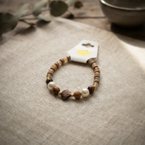 Handmade Wood and Pearl Beaded Bracelet Earth Tone Gemstone Seashell Charm Jewelry Coastal Boho Style