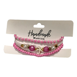Handmade Pink White Gold Beaded Bracelet Set, Starfish Charm, Boho Ocean Jewelry