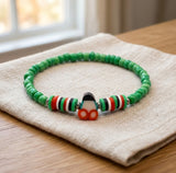 Boho Beaded Bracelet with Cherry Charm – Green Beads & Red-White-Green Accents, Handmade Elastic Jewelry