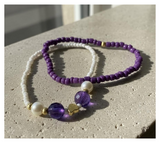 Handmade Ivory and Purple Duo Beaded Bracelets with Faux Pearl Accent