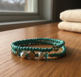 Handmade 2-Piece Turquoise Beaded Bracelet Set with Pearl Accents & Gold-Tone Flower Beads Gift