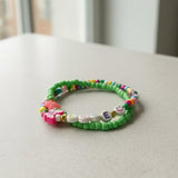 Y2K Smile Beaded Bracelet Stack, Rainbow Green Aesthetic Jewelry,  Playful Happy Face Letter Beads