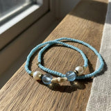 Blue Beaded Bracelet Set with Pearl Charm, Handmade Turquoise Seed Beads Minimalist Stretch Jewelry Gift For Her
