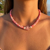 Pink Heishi Bead Necklace, Surfer Style Beach Flower Beaded Jewelry, Pastel White Coral Choker, Metal-Plated Clasp w/ Extension Chain