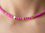 Pink Beaded Gold Star Necklace, Hot Pink Choker Bead Jewelry, Cute Minimalist, Metal-Plated Clasp w/ Extension Chain