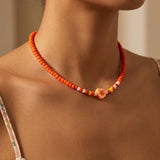 Beaded Flower Necklace, Orange Daisy Choker Seed Bead Jewelry, Summer Aesthetic, Metal-Plated Clasp w/ Extension Chain
