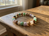 Earth Tone Beaded Bracelet - Green Brown Gemstone Smooth Round Natural Stone Stretch Crystal Jewelry Gift for Women