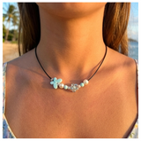 Handcrafted Flower-Butterfly Design Necklace with Acrylic White Pearl Beads, Black Cord, Lobster Claw with Extension Chain