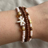 Handmade Sandrift Brown Gold Beaded Bracelet Set, Starfish Charm, Boho Ocean Jewelry