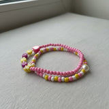Pink Yellow Beaded Bracelet Set— Handmade Personalized Stretch Seed Beads Jewelry, Cute Best Friend Gift