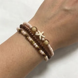 Handmade Sandrift Brown Gold Beaded Bracelet Set, Starfish Charm, Boho Ocean Jewelry