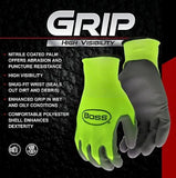 Boss B31211-L5P Flat Nitrile Grip Gloves Hi-Vis Green Large, 5-Pack