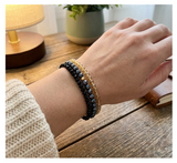 Handmade Black, Dark Grey, Light Amber Beaded Bracelet, Smoky Quartz & Obsidian Stack