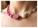 Handcrafted Pink Pearl Necklace with Faceted Crystal Beads, Metal-Plated Clasp w/ Extension Chain