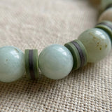 Handmade Greenish-Gray Jade-Style Beaded Bracelet with Brown & Cream Disc Spacers – Boho Jewelry Gift