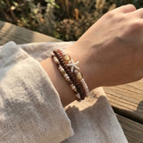 Handmade Sandrift Brown Gold Beaded Bracelet Set, Starfish Charm, Boho Ocean Jewelry