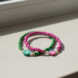 Green & Pink Fruit Beaded Bracelet Set, Strawberry and Kiwi Charms— Handmade Colorful Bead Stretch Jewelry Gift For Her