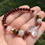 Handmade Gemstone Romantic Beaded Heart Bracelet Crystal Jewelry Red and Clear Boho Style Minimalist