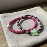 Handmade Pink Green Blue Beaded Bracelet Set, Butterfly Charm & Oval Accent, Playful Boho Jewelry