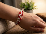 Handmade Red White Beaded Bracelet Set, Silver Heart Charm, Boho Ocean Jewelry