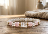 Handmade Bracelet – Pink & White Beads, Faceted Crystal-Style Butterfly Charm, Gold-Tone Accents, Elegant Gift Jewelry