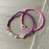 Handmade Pink Purple Beaded Bracelet Set, LOVE & Heart Design, Playful Boho Jewelry