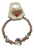 Handmade Beaded Bracelet – Swarovski Pink Glass, Quartz, Pearls, Moonstone & Gold Spacers with Clear Heart Crystal Charm