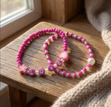 Handmade Pink Beaded Bracelet Set (2 pcs) – Heart & Star Charms with LOVE Letters, Pearl Accent, Cute Jewelry Gift for Kids/Teens
