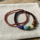 Red & Black Handmade Chakra Beaded Bracelet Set, Faceted Beads Healing Crystal Stretch Jewelry