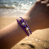 Handmade Purple White Gold Beaded Bracelet Set, Starfish Charm, Boho Ocean Jewelry