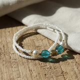 Handmade White Seed Bead Bracelet Set with Blue Glass Beads and Gold Heart Charm— Dainty Pearl Accent, Boho Coastal Jewelry