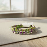 Handmade Green Purple Beaded Bracelet Set, Striped & Letter Design, Playful Boho Jewelry