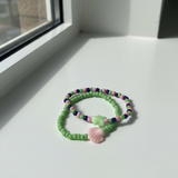 Pastel Mermaid Seed Bead Bracelet Set, Green Pink Shell & Star Charm Jewelry