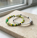 Handmade Green & White Beaded Bracelet Set (2 pcs) – Dice Charm, Striped Beads & Fun Star Accents, Playful Jewelry Gift for Kids/Teens
