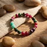 Ruby Zoisite Inspired Colorful Gemstone Beaded Bracelet Handmade Stretch Boho Jewelry Gift for Her, Pink Green Teal Beads with Heart Charm
